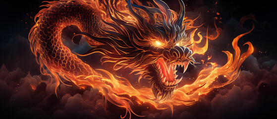 Majestic Fire Dragon Soaring Through Clouds Digital Art