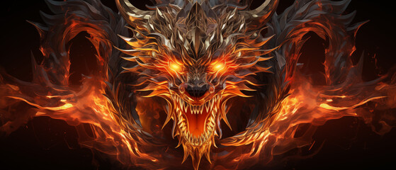 Ferocious Fire Dragon Head Roaring in Flames Illustration - obrazy, fototapety, plakaty