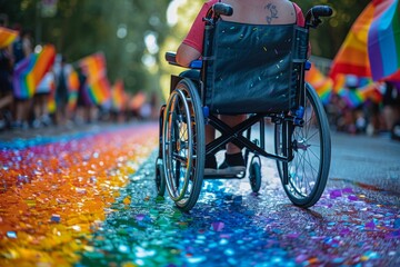 Intersectionality: queer disabled wheelchair on gaypride, queer pride or disability pride month. rainbowcoloured wheelchair at gay pride - obrazy, fototapety, plakaty