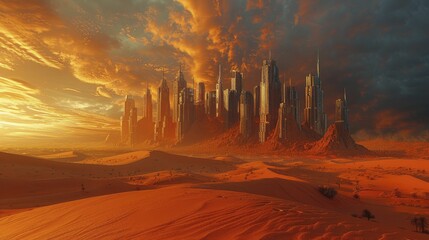 Witness the eerie sight of a desert metropolis where skyscrapers dissolve, a haunting portrayal of climate change's stark reality.
