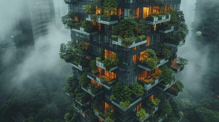 Vertical forests and urban tree planting campaigns to fight urban heat island effect. - obrazy, fototapety, plakaty