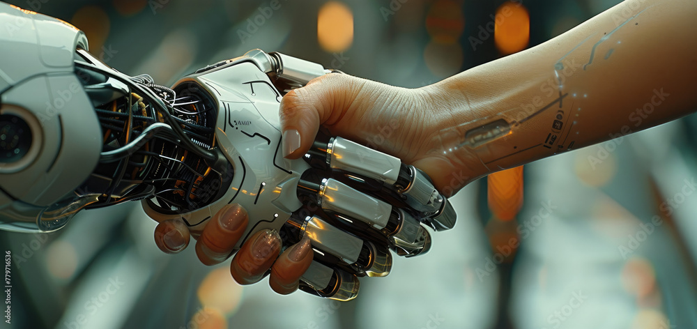 Poster close-up of handshake. a robotic hand shaking hands with a human female hand, an allegory of coopera