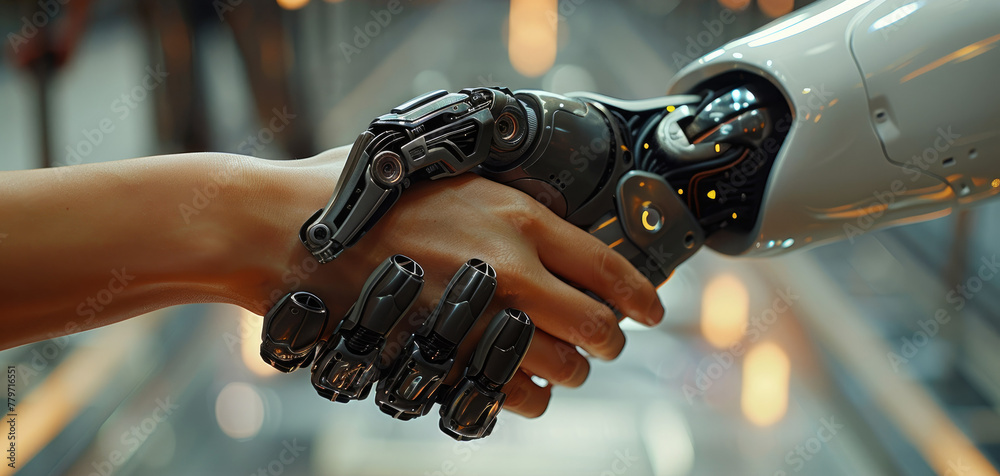 Poster close-up of handshake. a robotic hand shaking hands with a human female hand, an allegory of coopera