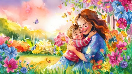 mother and child sitting under a blossoming cherry blossom tree in a serene park, the mother tenderly holding the child's hand, both smiling, soft sunlight filtering through the trees, conveying warmt