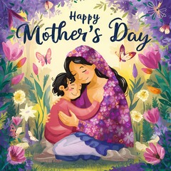mother and child in a blooming garden, surrounded by vibrant flowers and butterflies, the mother tenderly embracing her child with a warm smile, conveying love and gratitude, Illustration