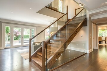 A contemporary interior design element featuring glass fencing and wooden stairs
