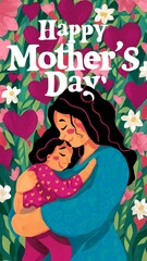 mother and child embracing with a background of blooming flowers and hearts