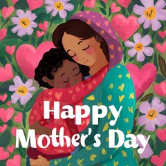 mother and child embracing with a background of blooming flowers and hearts