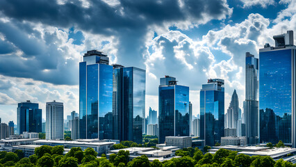 Urban skyline, high-rise building complex, business center office building, modern city center with a strong sense of technology