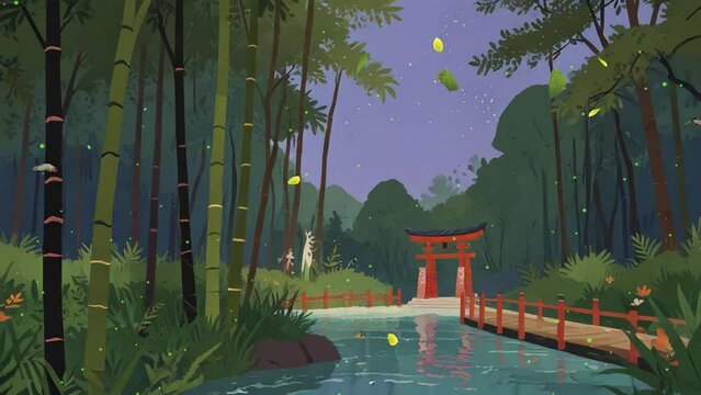 torii and bridge next to bamboo forest river 4k video loop