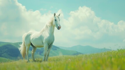 Obraz na płótnie Canvas White horse, soft pastel colors, minimalism, sky blue background, serenity and calm, photography, long white mane, green grassy field with distant mountains, ethereal, dreamlike atmosphere