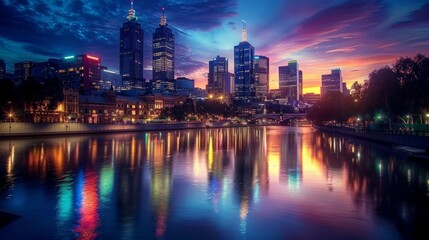 Fototapeta na wymiar Sunset Skyline Reflection on City River