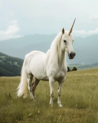 white unicorn with long hair standing in the grassland, light blue sky. style is minimalist, with a blurred background and light green and gray colors. natural scenery and snowy mountains