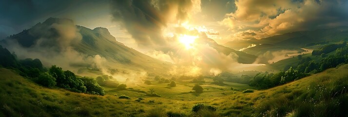 Beautiful paradise landscape picture, sky and clouds, nature, grass, meadow, river, wallpaper...