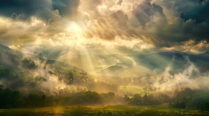 Obraz na płótnie Canvas Beautiful paradise landscape picture, sky and clouds, nature, grass, meadow, river, wallpaper background