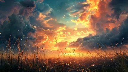 Poster Beautiful paradise landscape picture, sky and clouds, nature, grass, meadow, river, wallpaper background © Filip