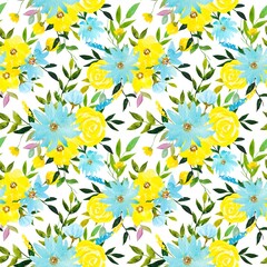 Floral pattern with blue and yellow flowers, watercolor