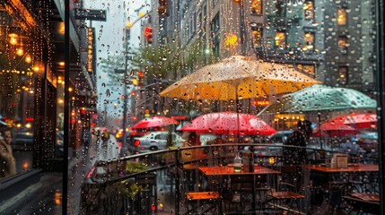 Rainy City Cafe View with Colorful Umbrellas