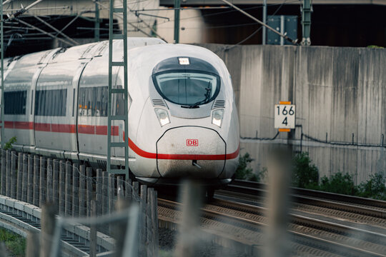 Front view of the Deutsche Bahn intercity express coming out of the tunnel