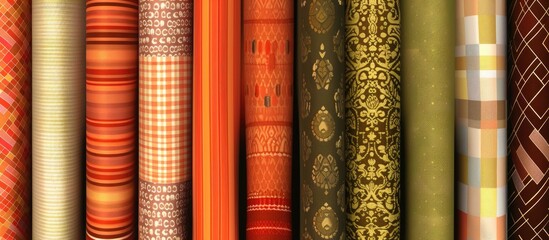A row of publications with diverse patterns, including amber wood tints and shades, metallic artistry, and electric blue accents, create a unique display of cylindershaped books
