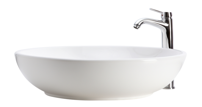 Modern white bathroom vessel sink with faucet, cut out