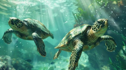 Majestic Turtles Gliding Through Turquoise Underwater Seascape
