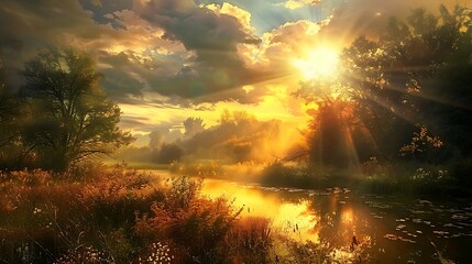 Fototapeta na wymiar Beautiful paradise landscape picture, sky and clouds, nature, grass, meadow, river, wallpaper background