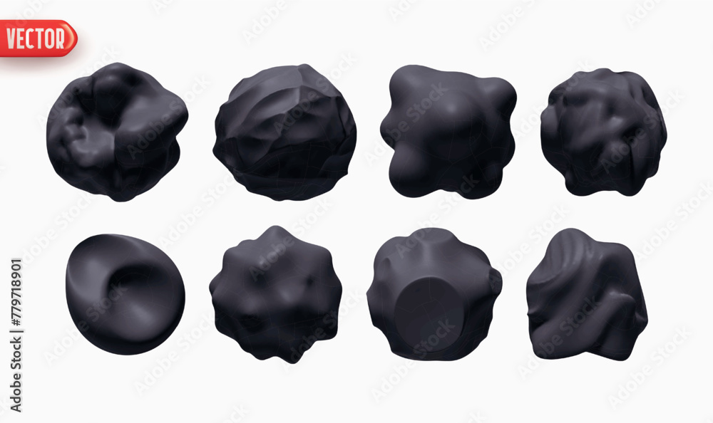 Poster set of metaball shapes of objects realistic 3d design. collection meteorites asteroids comet round b