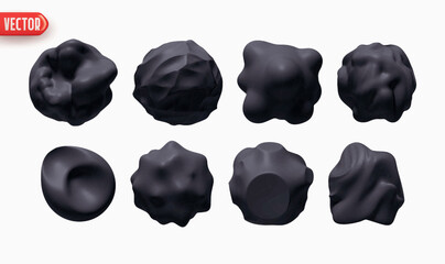 Set of Metaball shapes of objects realistic 3d design. Collection Meteorites asteroids comet Round ball spherical elements. Vector illustration