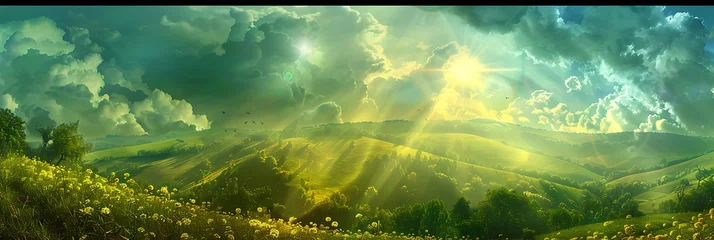 Zelfklevend Fotobehang Beautiful paradise landscape picture, sky and clouds, nature, grass, meadow, river, wallpaper background © Filip