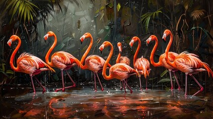 Flock of Flamingos Wading in Shallow Tropical Pond with Vibrant Reflections