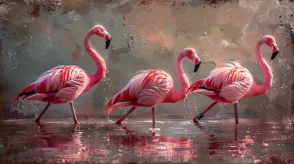 A Flock of Flamingos Wading Gracefully in the Shallow Serene Waters of a Tropical Wetland