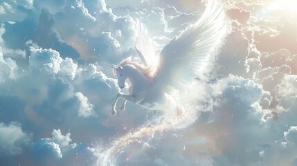A fantasy scene of a couple riding a white pegasus through a cloud-filled sky, leaving a trail of shimmering white glitter in their wake, on their way to a romantic White Day celebration - obrazy, fototapety, plakaty