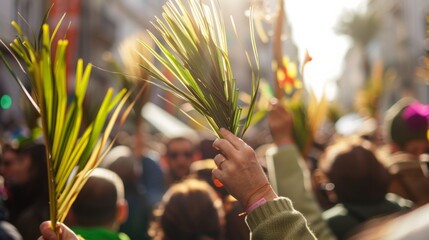 a festive parade on Palm Sunday, with people waving palm branches and celebrating.