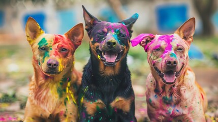 A fun and safe Holi celebration with pets. Dogs and cats are adorned with pet-safe, organic colors, and everyone is having a good time