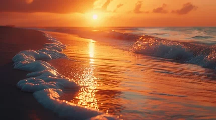 Deurstickers Breathtaking Sunset Casting Warm Glow Over Serene Coastal Seascape © Sittichok