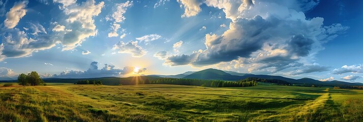 Beautiful paradise landscape picture, sky and clouds, nature, grass, meadow, river, wallpaper background