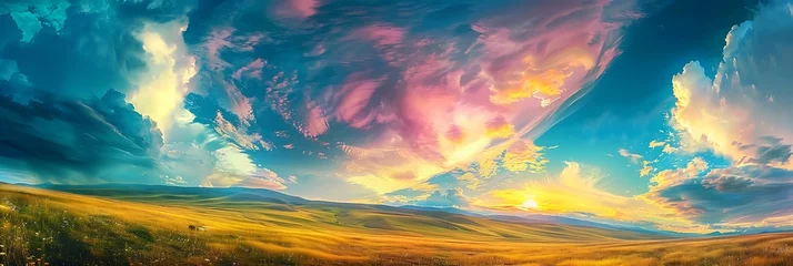 Poster Beautiful paradise landscape picture, sky and clouds, nature, grass, meadow, river, wallpaper background © Filip