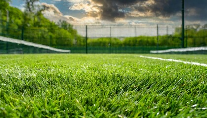 Lush Green Canvas: Close-up View of a Pristine Grass Tennis Court - obrazy, fototapety, plakaty