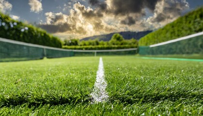 Pre-Tournament Perfection: Close-up of Freshly Mown Grass Tennis Surface - obrazy, fototapety, plakaty