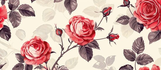 A creative arts pattern featuring red hybrid tea roses and leaves on a white background. The seamless design showcases the beauty of flowering plants in shades of magenta and pink