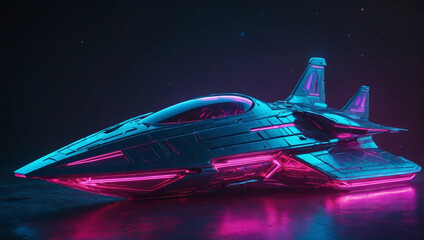 A gorgeously retro-futuristic starship brig, bathed in shades of electric blue and hot pink, its angular lines softened by a dreamy tilt-shift effect.