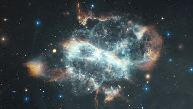 Space nebula travel to NGC5189 Gum 47, IC 4274, nicknamed Spiral Planetary Nebula exploration on deep space. Flight Into the Crab Nebula Pulsar supernova galaxy animation. Traveling through star field