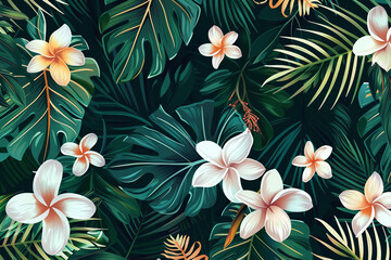 Botanical pattern featuring lush tropical leaves and flowers, abstract , background