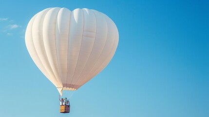 a hot air balloon shaped like a giant white heart, soaring through a clear blue sky on White Day. A couple stands in the basket, waving to people below