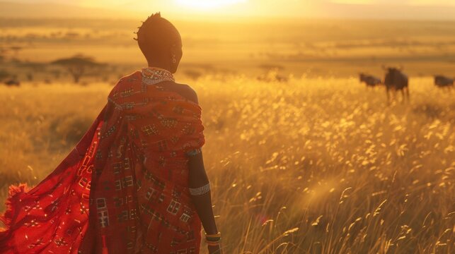 A Maasai woman in vibrant red shuka drapes adjusts a beaded necklace as she walks across the vast savanna, a herd of wildebeest thundering in the distance. 