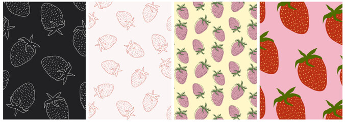 A quartet of strawberry patterns in contrasting backgrounds, from monochrome to vibrant, ideal for wallpaper, fabric, or culinary branding