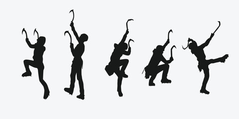 Vector set silhouette of ice climbing. Mountaineering, extreme sport concept. Isolated background. Vector illustration.
