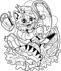 funny cat fisher coloring book illustration - 779721133