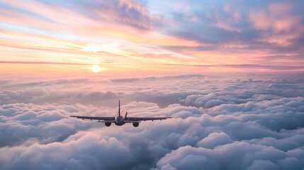 A plane is flying through a cloudy sky with a beautiful sunset in the background - obrazy, fototapety, plakaty
